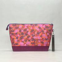 Spring Floral Orange XL Zipper Knitting Project Craft Wedge Bag with Detachable Leather Wrist Strap