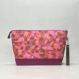 Spring Floral Orange XL Zipper Knitting Project Craft Wedge Bag with Detachable Leather Wrist Strap