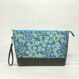 Dusted Blues Floral XL Zipper Knitting Project Craft Wedge Bag with Detachable Leather Wrist Strap