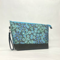 Dusted Blues Floral XL Zipper Knitting Project Craft Wedge Bag with Detachable Leather Wrist Strap