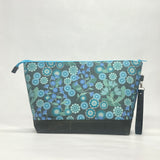 Dusted Blues Floral XL Zipper Knitting Project Craft Wedge Bag with Detachable Leather Wrist Strap