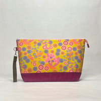 Summer Floral Gold XL Zipper Knitting Project Craft Wedge Bag with Detachable Leather Wrist Strap