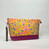 Summer Floral Gold XL Zipper Knitting Project Craft Wedge Bag with Detachable Leather Wrist Strap