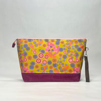 Summer Floral Gold XL Zipper Knitting Project Craft Wedge Bag with Detachable Leather Wrist Strap