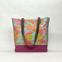 Peonies and Camellias / Waxed Canvas Tote Bag with Leather Straps