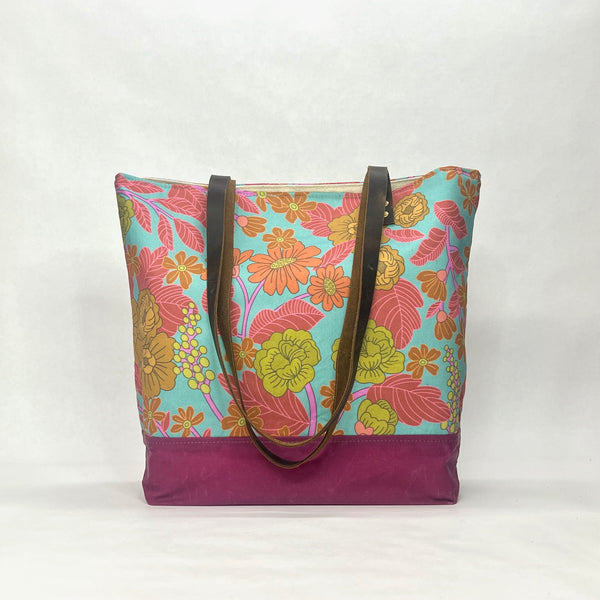 Peonies and Camellias / Waxed Canvas Tote Bag with Leather Straps