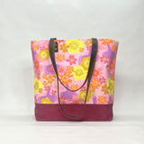 Cut Flowers Pink / Waxed Canvas Tote Bag with Leather Straps