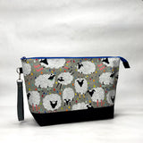 Sheep with Leggings XL Zipper Knitting Project Craft Bag with Detachable Leather Wrist Strap