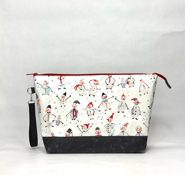 Friendly Snowmen XL Zipper Knitting Project Craft Wedge Bag with Detachable Leather Wrist Strap