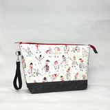 Friendly Snowmen XL Zipper Knitting Project Craft Wedge Bag with Detachable Leather Wrist Strap