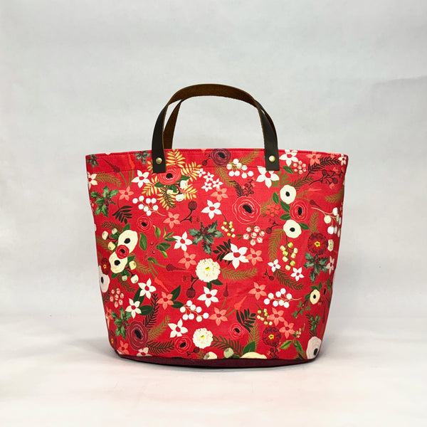 Vintage Christmas Floral Red Oval Bottom Knitting Craft Tote Bag