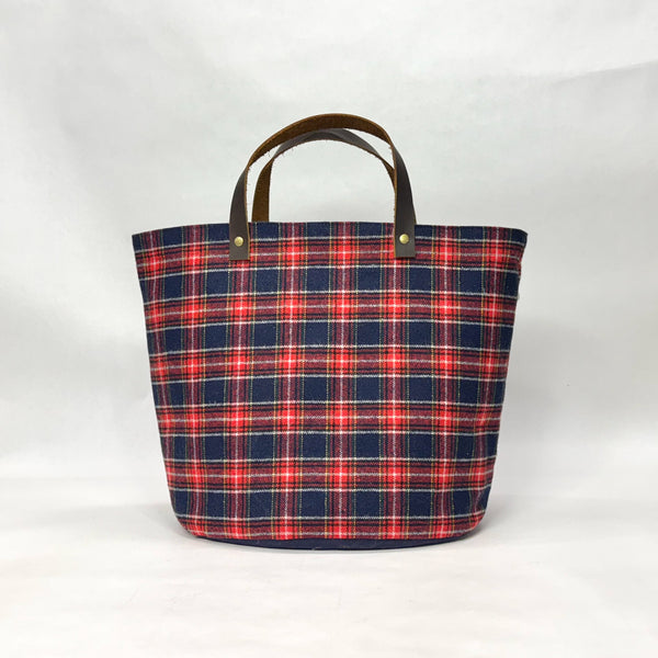 Navy Red White Wool Plaid Oval Bottom Knitting Craft Tote Bag