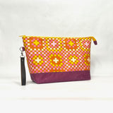 Granny Square Pink XL Zipper Knitting Project Craft Wedge Bag with Detachable Leather Wrist Strap