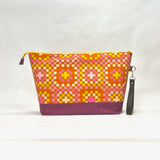 Granny Square Pink XL Zipper Knitting Project Craft Wedge Bag with Detachable Leather Wrist Strap