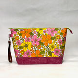 Retro 60's Floral XL Zipper Knitting Project Craft Bag with Detachable Leather Wrist Strap