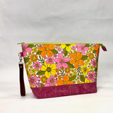 Retro 60's Floral XL Zipper Knitting Project Craft Bag with Detachable Leather Wrist Strap