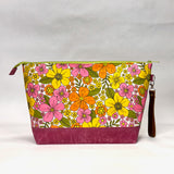 Retro 60's Floral XL Zipper Knitting Project Craft Bag with Detachable Leather Wrist Strap