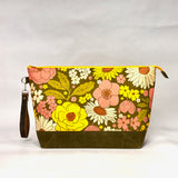 Retro 70's Floral XL Zipper Knitting Project Craft Bag with Detachable Leather Wrist Strap