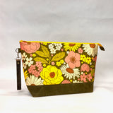 Retro 70's Floral XL Zipper Knitting Project Craft Bag with Detachable Leather Wrist Strap