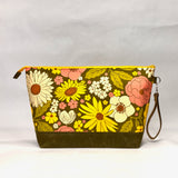 Retro 70's Floral XL Zipper Knitting Project Craft Bag with Detachable Leather Wrist Strap