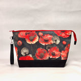 Distressed Red Flowers XL Zipper Knitting Project Craft Bag with Detachable Leather Wrist Strap
