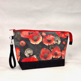 Distressed Red Flowers XL Zipper Knitting Project Craft Bag with Detachable Leather Wrist Strap