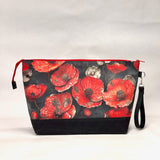 Distressed Red Flowers XL Zipper Knitting Project Craft Bag with Detachable Leather Wrist Strap