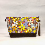Cloud Flowers Walnut XL Zipper Knitting Project Craft Bag with Detachable Leather Wrist Strap