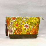 Retro Floral Green XL Zipper Knitting Project Craft Bag with Detachable Leather Wrist Strap