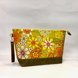 Retro Floral Green XL Zipper Knitting Project Craft Bag with Detachable Leather Wrist Strap