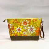 Retro Floral Green XL Zipper Knitting Project Craft Bag with Detachable Leather Wrist Strap