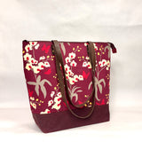 Orchid Burgundy / Waxed Canvas Zipper Closure Tote Bag with Leather Straps