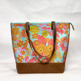 Peonies and Camelia / Waxed Canvas Zipper Closure Tote Bag with Leather Straps