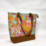Peonies and Camelia / Waxed Canvas Zipper Closure Tote Bag with Leather Straps