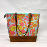 Peonies and Camelia / Waxed Canvas Zipper Closure Tote Bag with Leather Straps