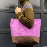 Orchid Burgundy / Waxed Canvas Zipper Closure Tote Bag with Leather Straps