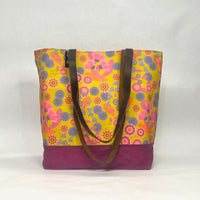 Summer Floral Gold / Waxed Canvas Tote Bag with Leather Straps