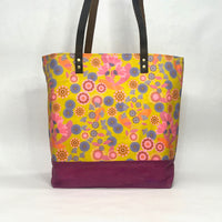 Summer Floral Gold / Waxed Canvas Tote Bag with Leather Straps