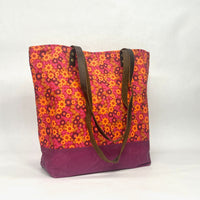 Ditsy Red / Waxed Canvas Tote Bag with Leather Straps