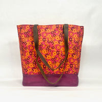 Ditsy Red / Waxed Canvas Tote Bag with Leather Straps