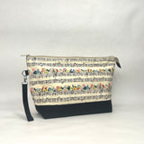 Musical Notes Natural  XL Zipper Knitting Project Craft Wedge Bag with Detachable Leather Wrist Strap