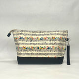 Musical Notes Natural  XL Zipper Knitting Project Craft Wedge Bag with Detachable Leather Wrist Strap