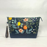 Citrus Grove Navy  XL Zipper Knitting Project Craft Wedge Bag with Detachable Leather Wrist Strap