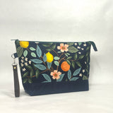 Citrus Grove Navy  XL Zipper Knitting Project Craft Wedge Bag with Detachable Leather Wrist Strap
