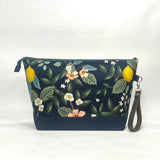 Citrus Grove Navy  XL Zipper Knitting Project Craft Wedge Bag with Detachable Leather Wrist Strap