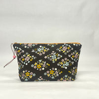 Flowers on Brown Small Zipper Pouch Gadget Case Cosmetics Project Bag