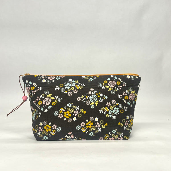 Flowers on Brown Small Zipper Pouch Gadget Case Cosmetics Project Bag