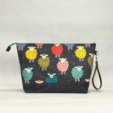 Rainbow Sheep XL Zipper Knitting Project Craft Wedge Bag with Detachable Leather Wrist Strap