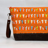 Train Ride Cats Orange XL Zipper Knitting Project Craft Bag with Detachable Leather Wrist Strap