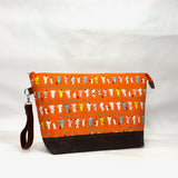 Train Ride Cats Orange XL Zipper Knitting Project Craft Bag with Detachable Leather Wrist Strap